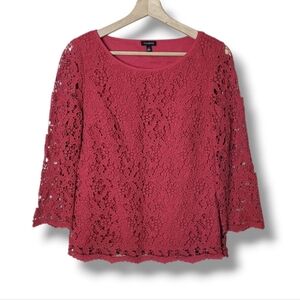 Talbots Ruby Red Guipure Lace Feminine Blouse Romantic Sheer Sleeves Size 2